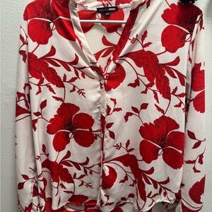 Fashion Nova Red & Cream Floral Button-Front Blouse